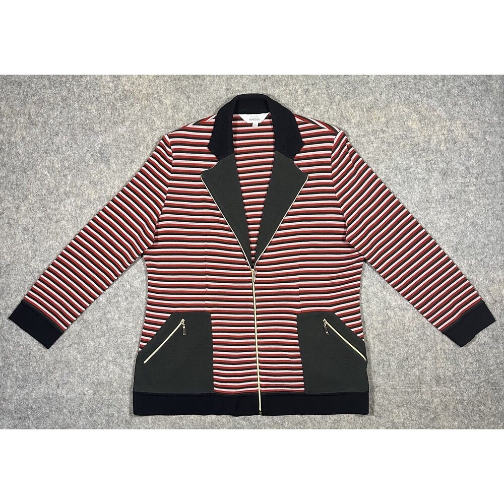 Misook Striped Knit Blazer Jacket Women’s L Red Black 1/2 Zip Shoulder Pads READ